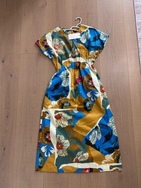 Zara Bold Floral Midi Dress in Blue, Mustard & Green
